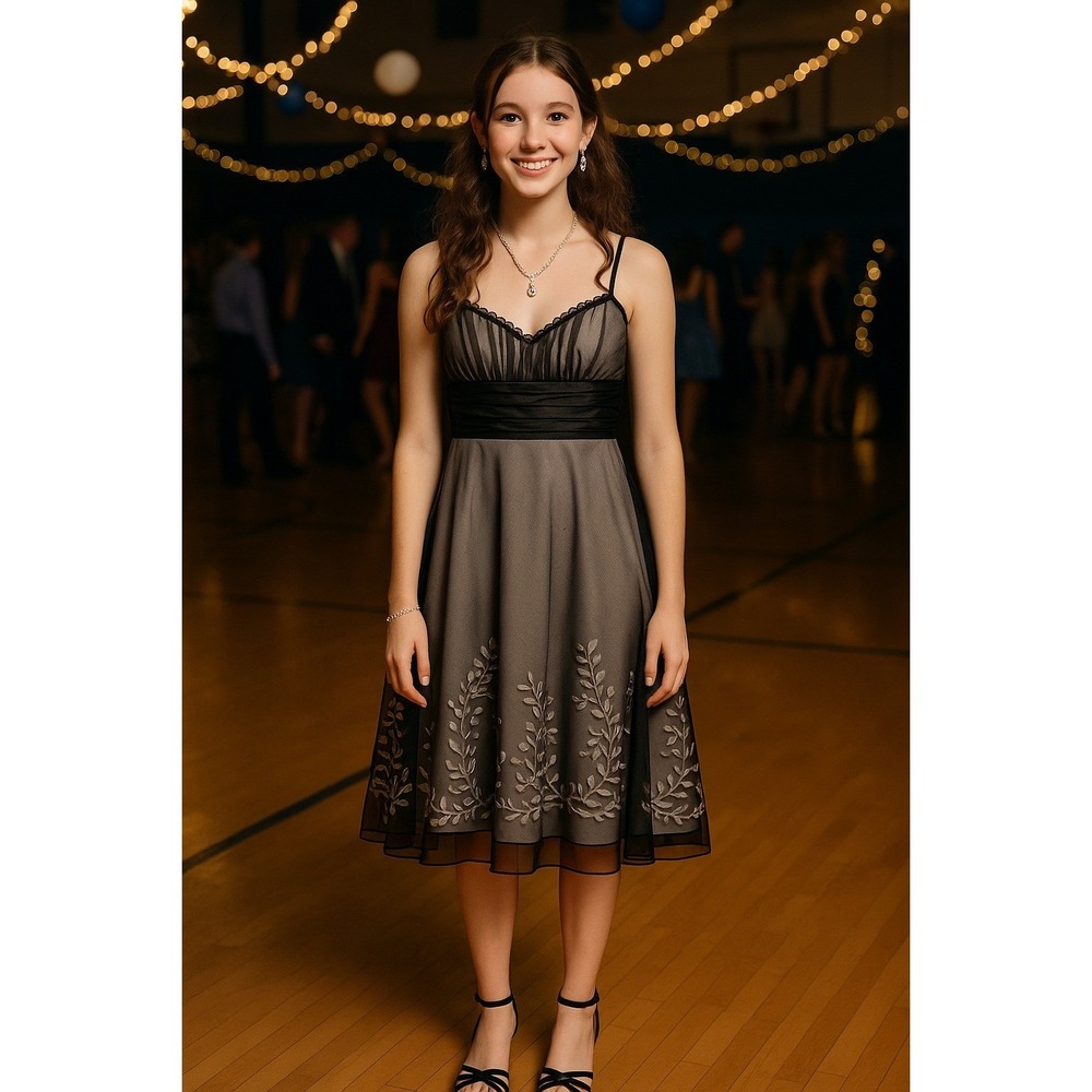 Whimsigoth Y2K Babydoll Party Dance Black Silver Tulle Sequins Floral S Dress